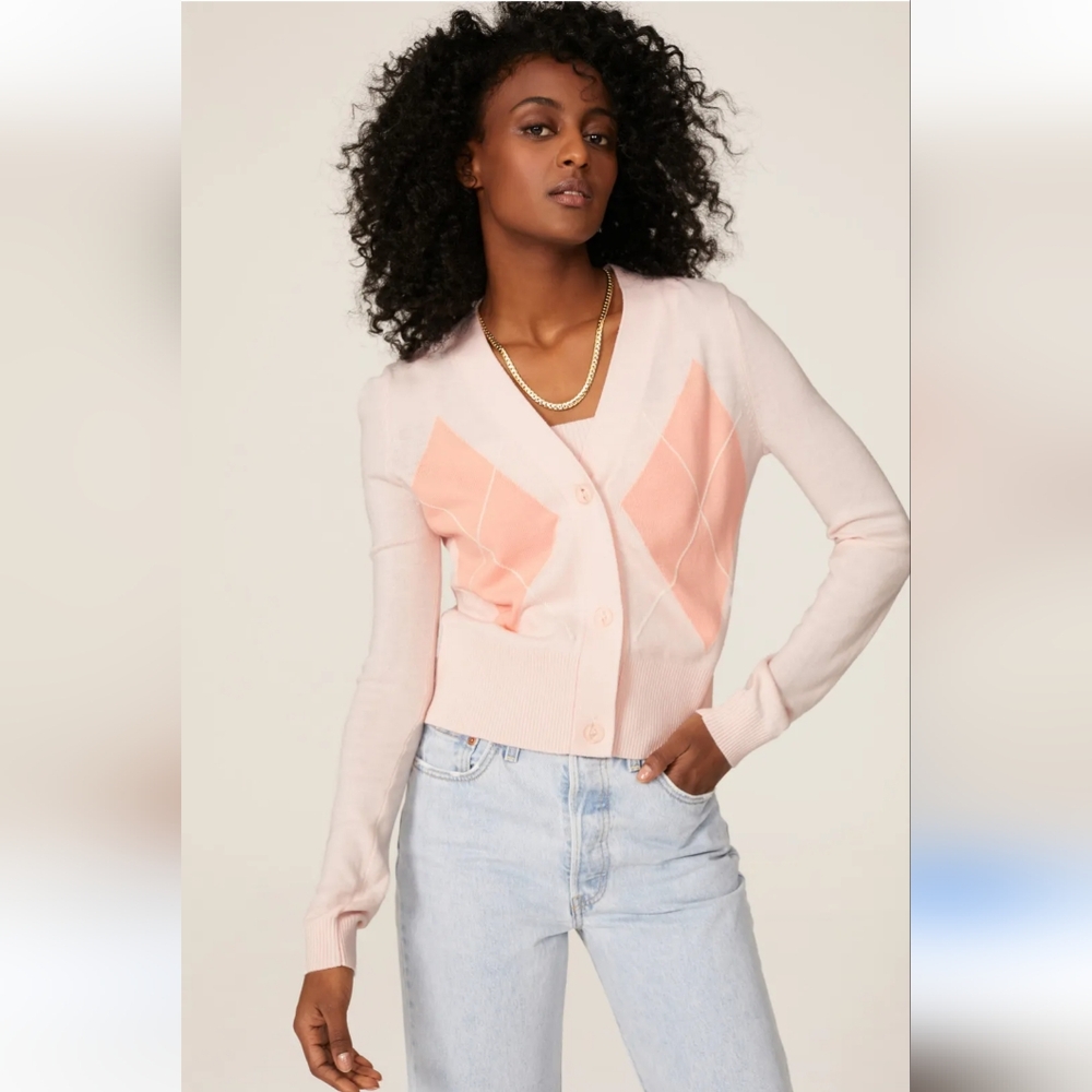 525 America Baby Pink Babydoll Argyle Cardigan Size XS Academia Prep